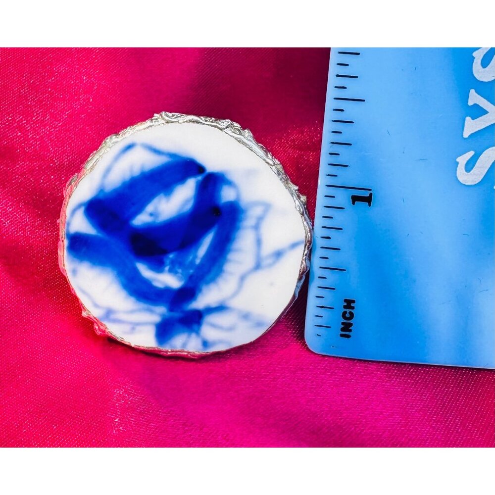 Artisan Silver & Blue Willow China Statement Cocktail Rose Ring Size 9 - Picture 6 of 16